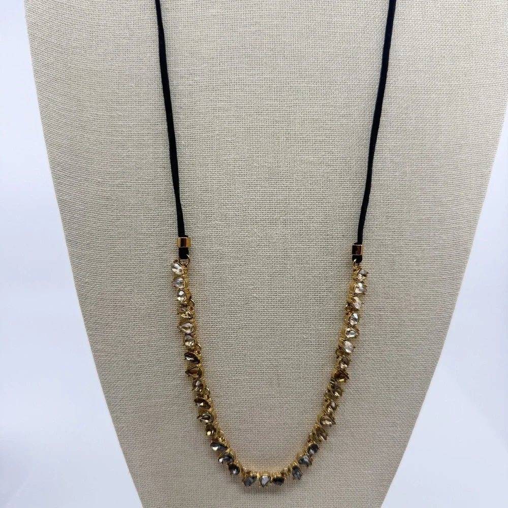 Gold Tone Smoky Gray Champagne Faceted Crystal Teardrop Cord Statement Necklace